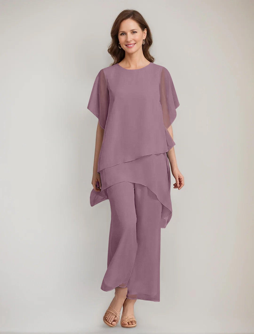 2 Pieces Scoop 1/2 Sleeves Ankle-Length Asymmetrical Mother Of The Bride Pantsuits With Button