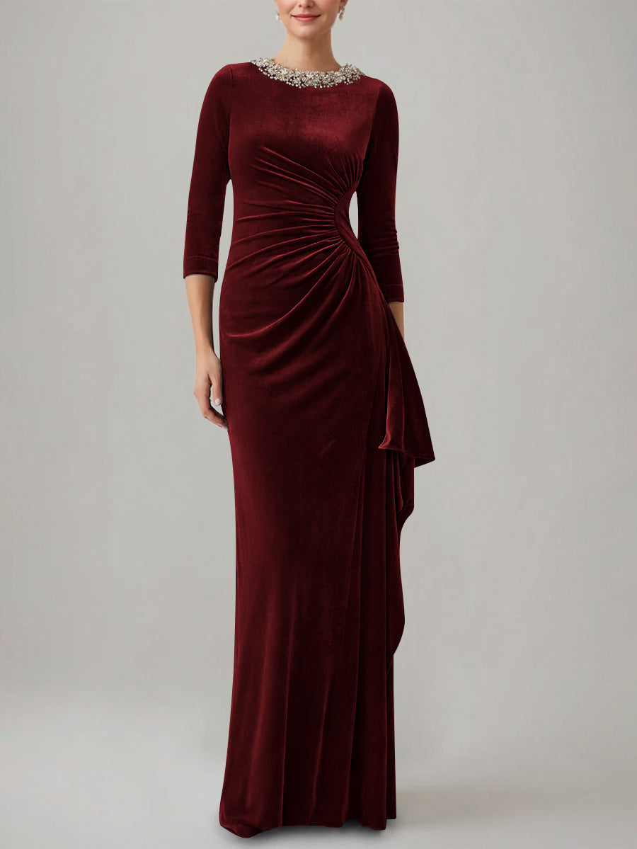 Sheath/Column Jewel Neck Velvet Mother of the Bride Dresses 3/4 Sleeves Floor-Length Ruched