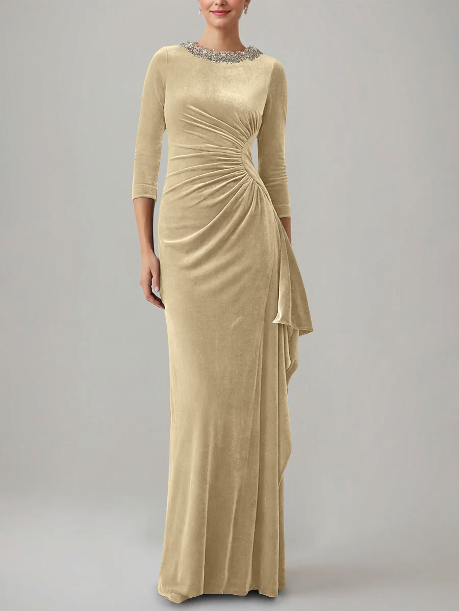 Sheath/Column Jewel Neck Velvet Mother of the Bride Dresses 3/4 Sleeves Floor-Length Ruched