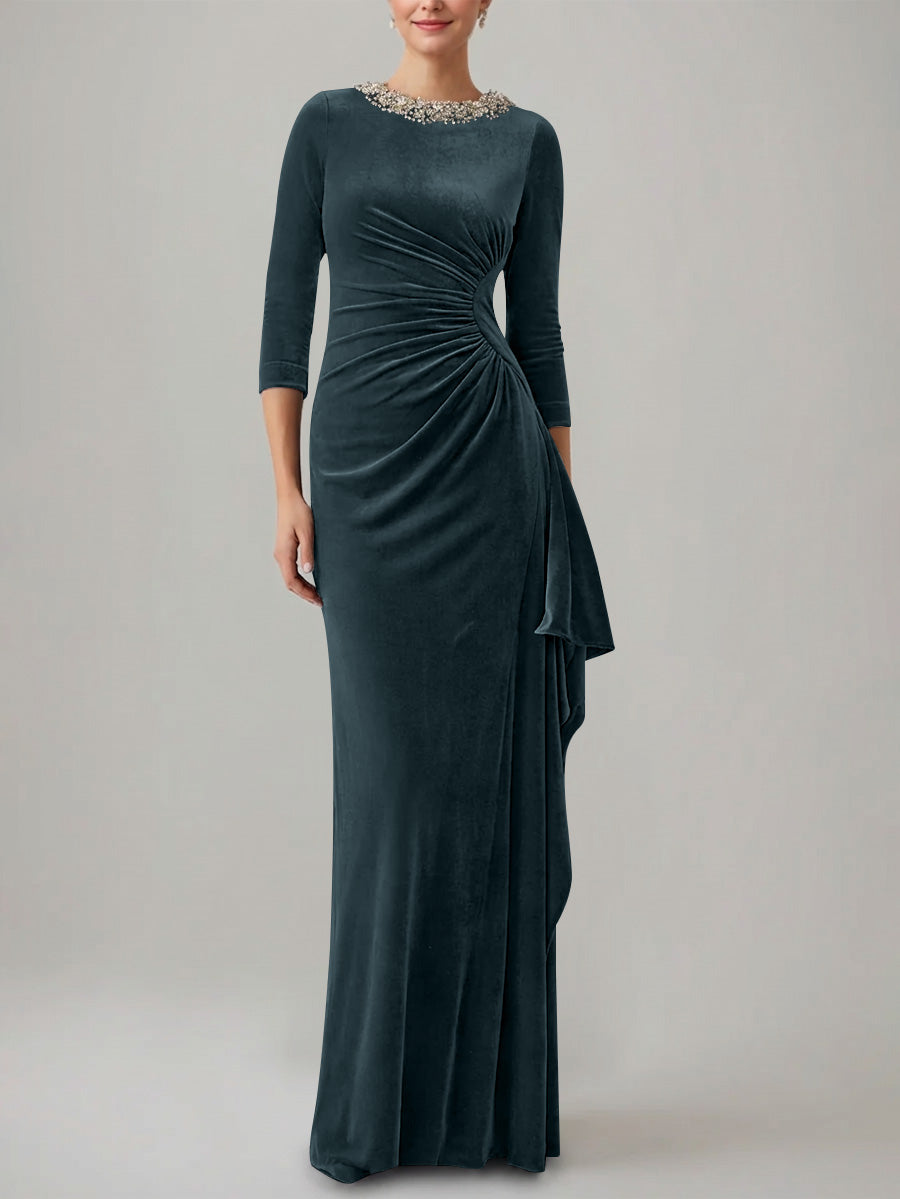 Sheath/Column Jewel Neck Velvet Mother of the Bride Dresses 3/4 Sleeves Floor-Length Ruched