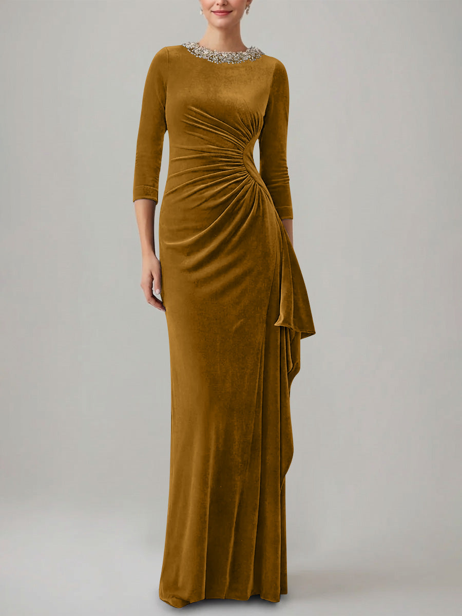 Sheath/Column Jewel Neck Velvet Mother of the Bride Dresses 3/4 Sleeves Floor-Length Ruched