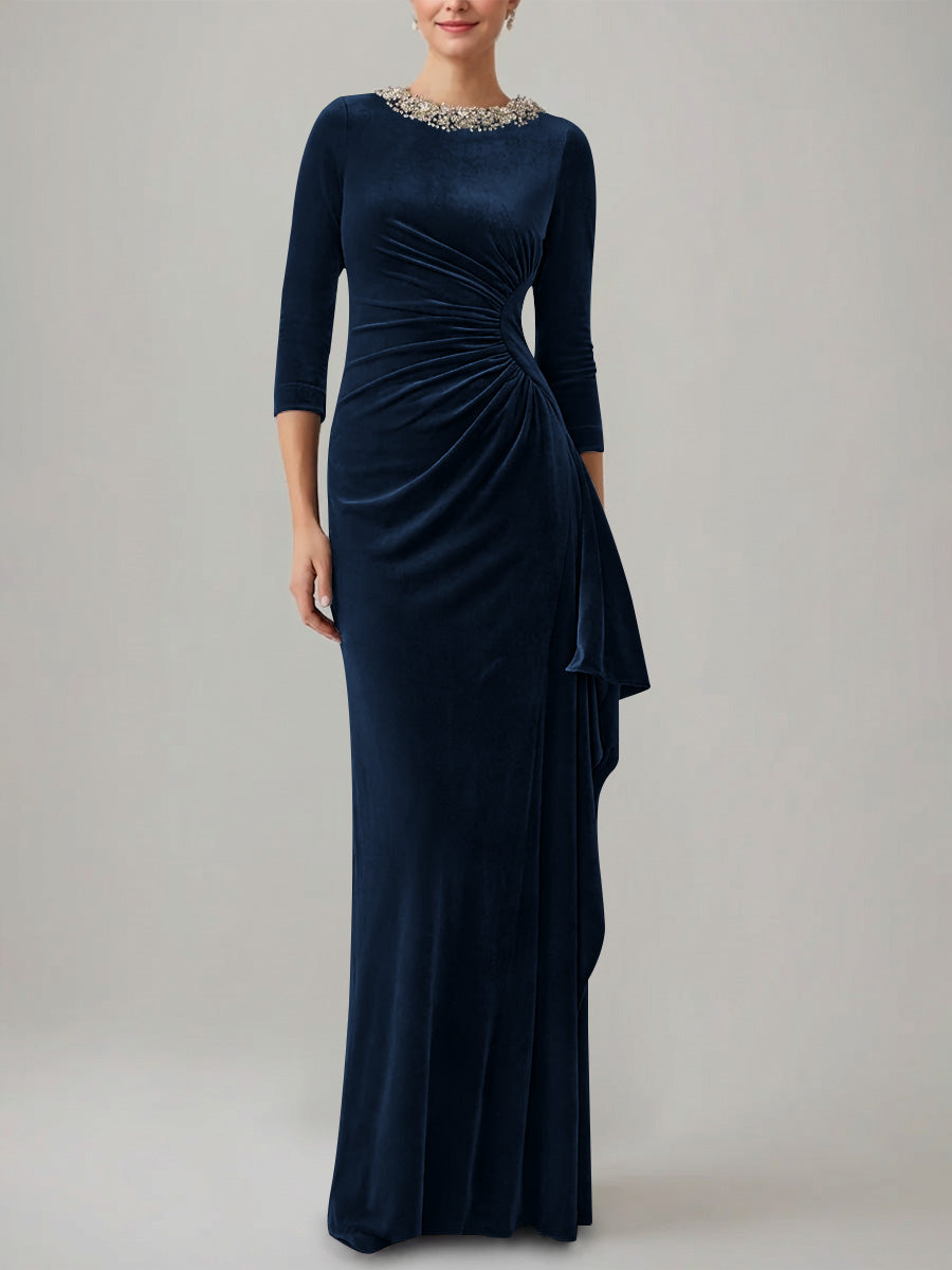 Sheath/Column Jewel Neck Velvet Mother of the Bride Dresses 3/4 Sleeves Floor-Length Ruched