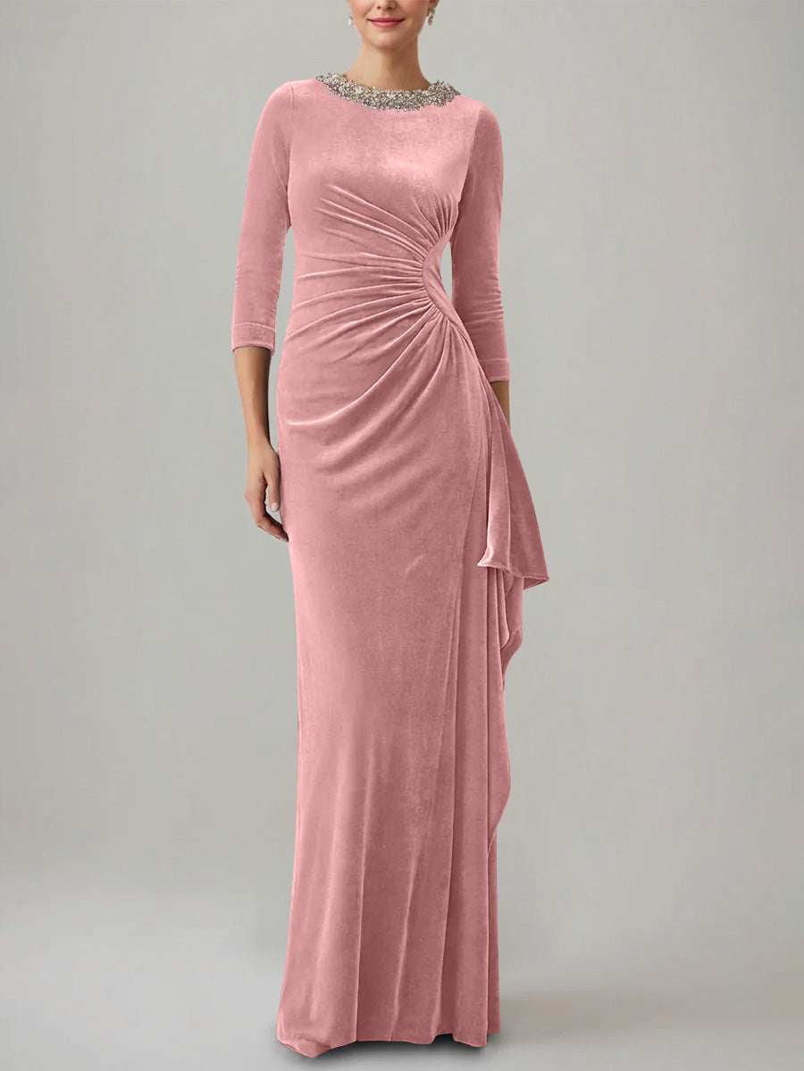 Sheath/Column Jewel Neck Velvet Mother of the Bride Dresses 3/4 Sleeves Floor-Length Ruched