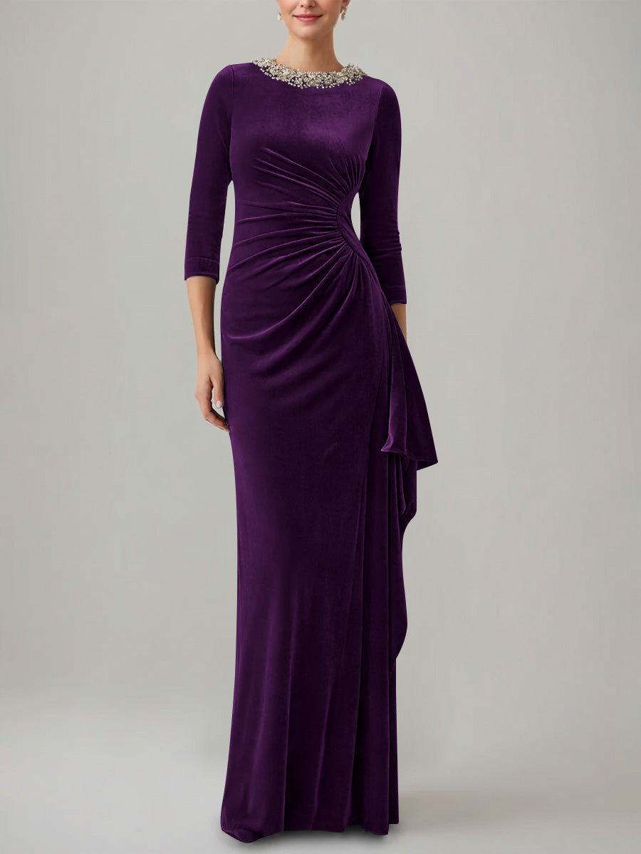Sheath/Column Jewel Neck Velvet Mother of the Bride Dresses 3/4 Sleeves Floor-Length Ruched