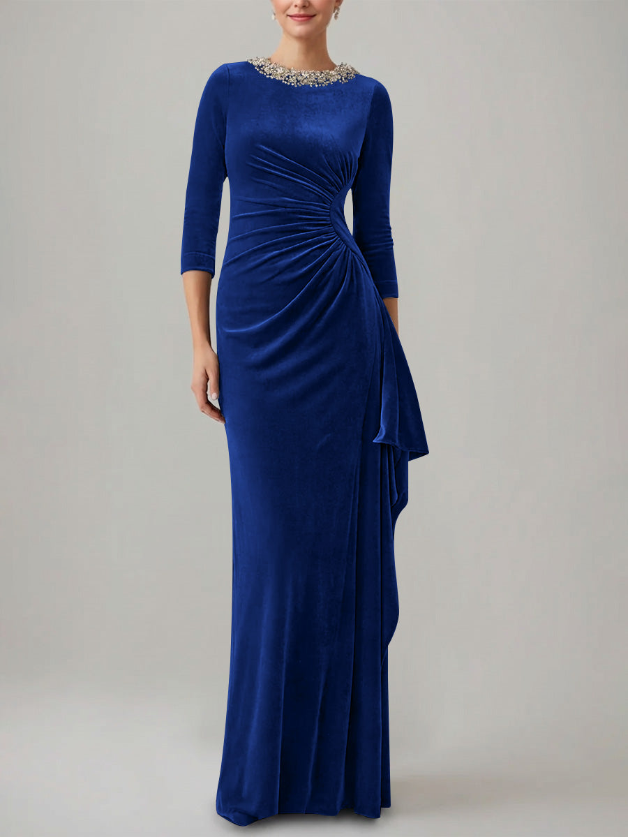 Sheath/Column Jewel Neck Velvet Mother of the Bride Dresses 3/4 Sleeves Floor-Length Ruched