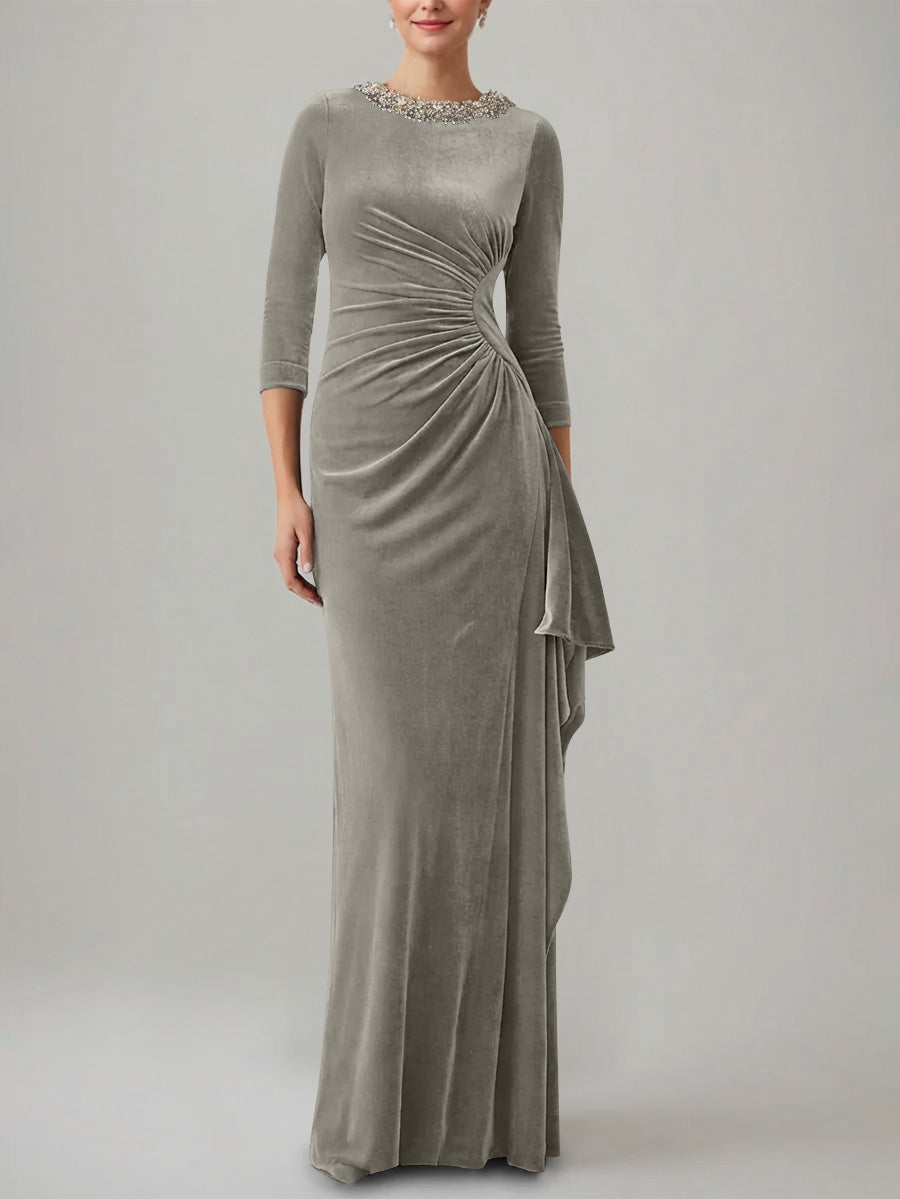 Sheath/Column Jewel Neck Velvet Mother of the Bride Dresses 3/4 Sleeves Floor-Length Ruched Silver