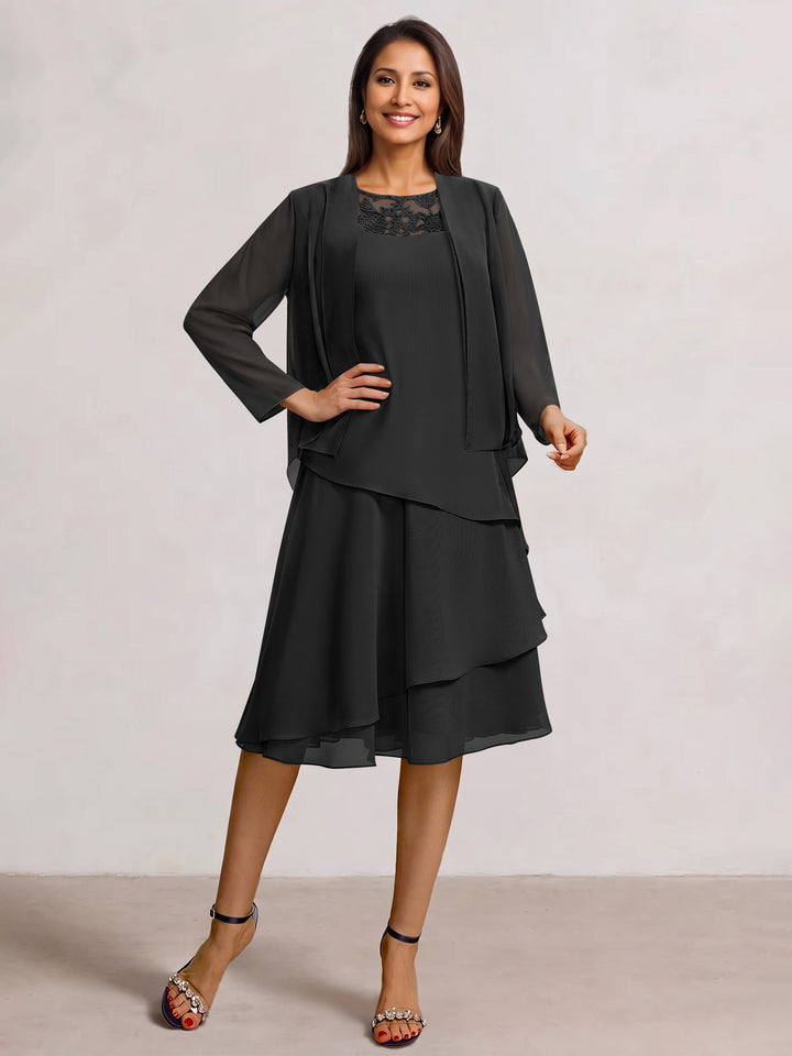 2 Pieces A-Line Scoop Chiffon Mother of the Bride Dresses Sleeveless Knee-Length with Ruffles