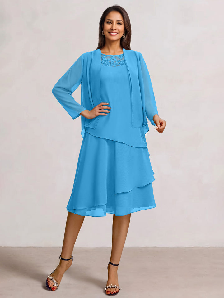 2 Pieces A-Line Scoop Chiffon Mother of the Bride Dresses Sleeveless Knee-Length with Ruffles