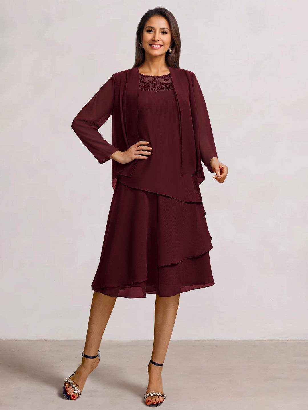 2 Pieces A-Line Scoop Chiffon Mother of the Bride Dresses Sleeveless Knee-Length with Ruffles
