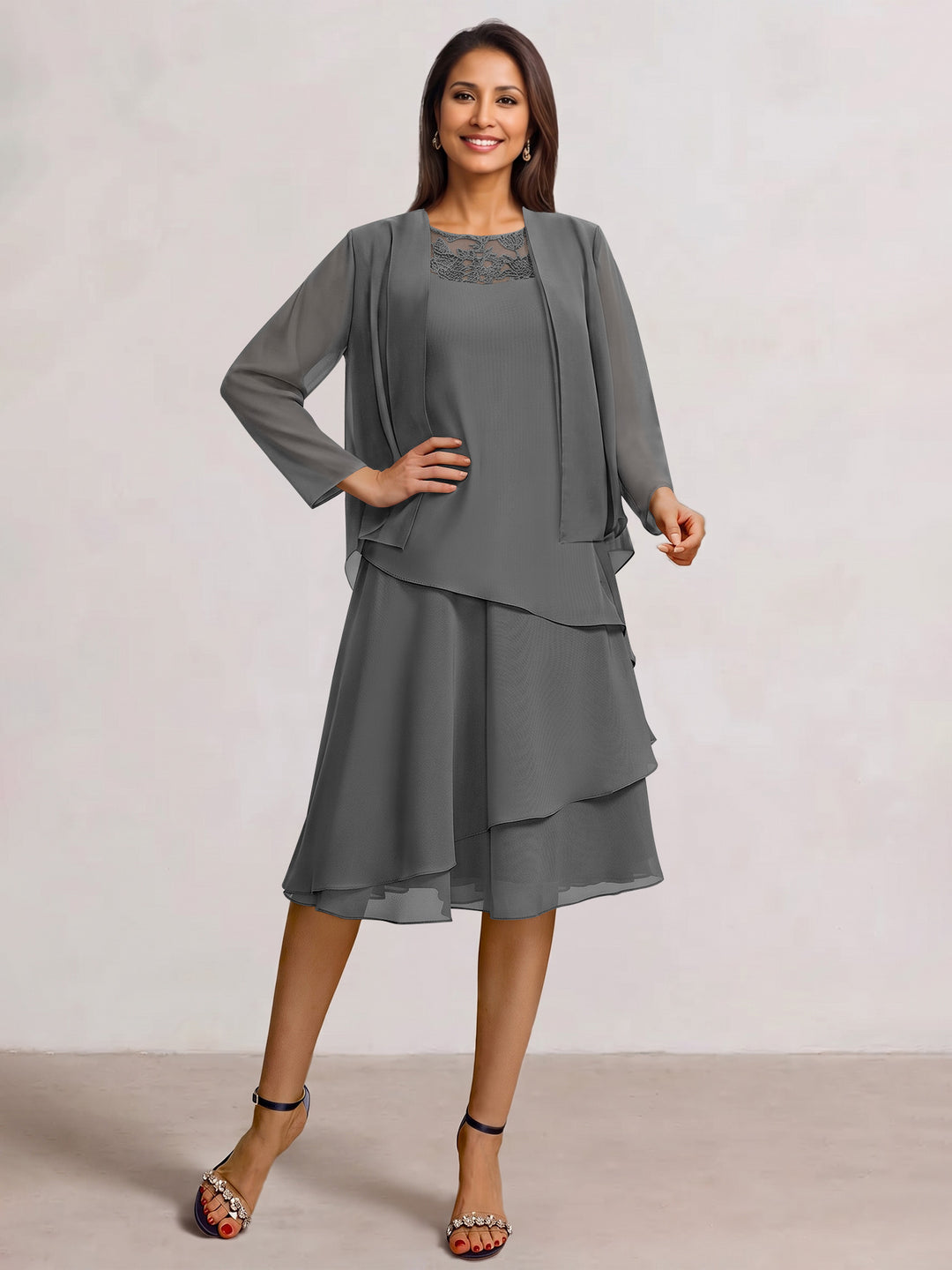 2 Pieces A-Line Scoop Chiffon Mother of the Bride Dresses Sleeveless Knee-Length with Ruffles