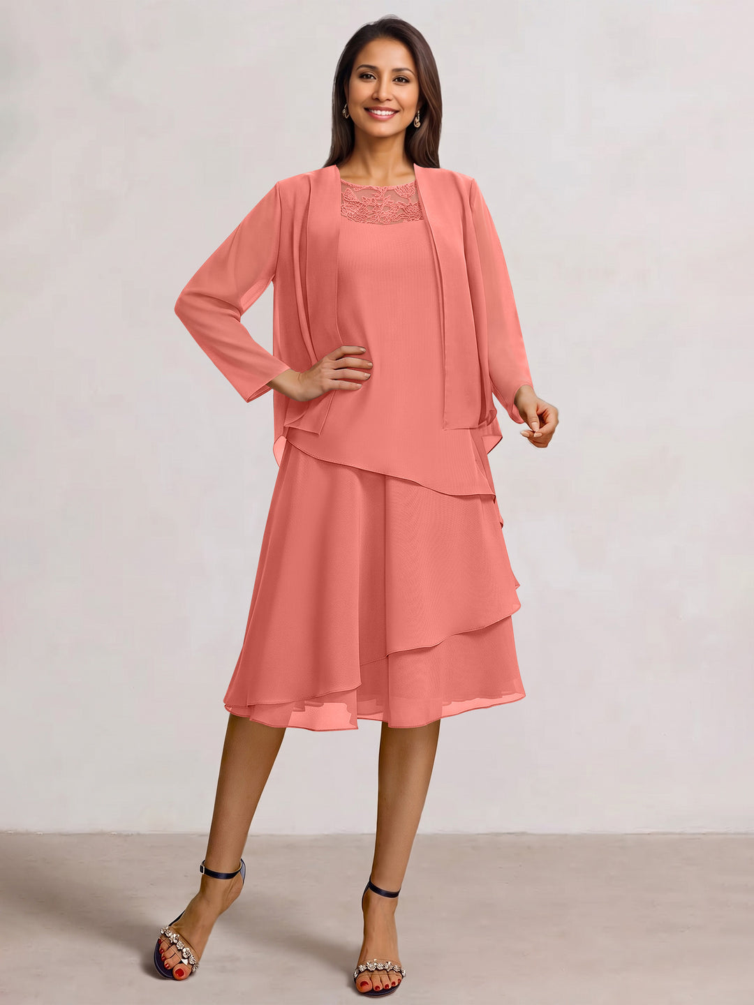 2 Pieces A-Line Scoop Chiffon Mother of the Bride Dresses Sleeveless Knee-Length with Ruffles