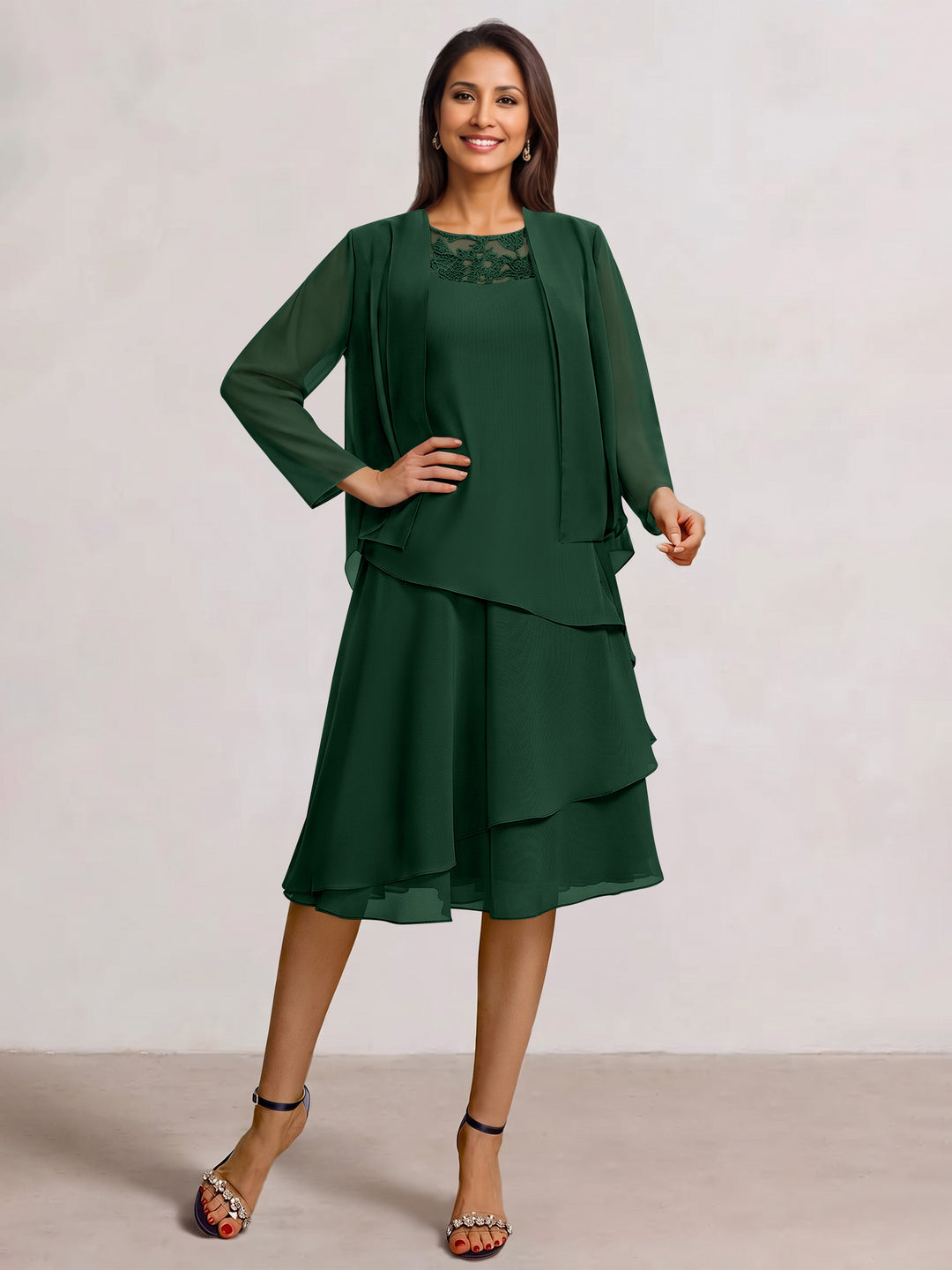 2 Pieces A-Line Scoop Chiffon Mother of the Bride Dresses Sleeveless Knee-Length with Ruffles