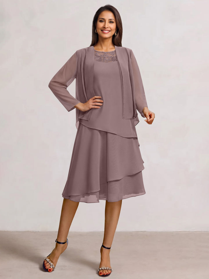 2 Pieces A-Line Scoop Chiffon Mother of the Bride Dresses Sleeveless Knee-Length with Ruffles