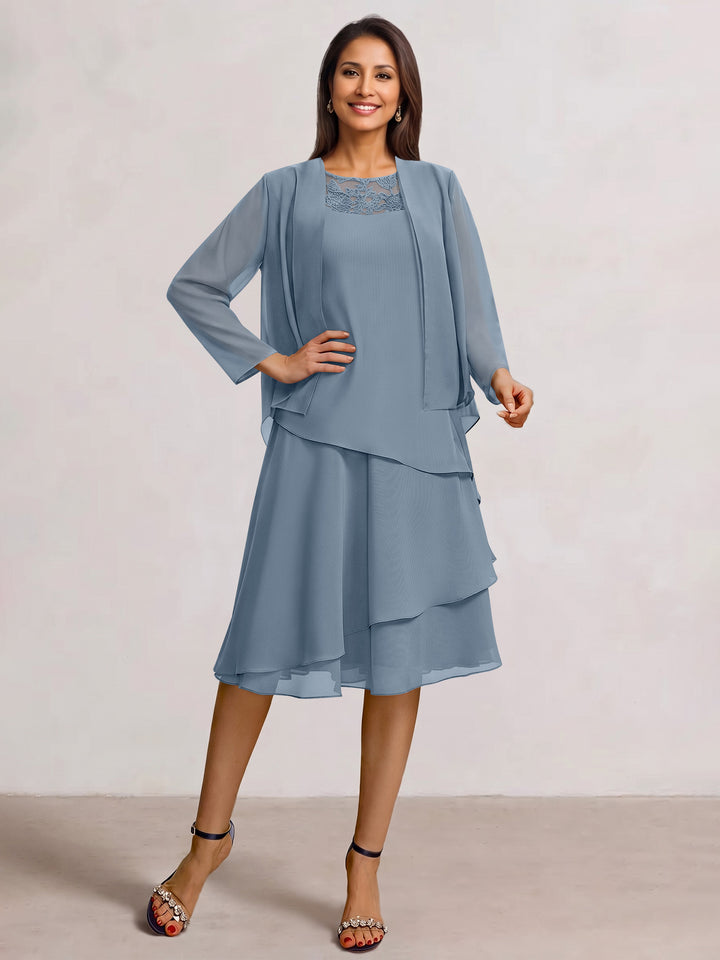 2 Pieces A-Line Scoop Chiffon Mother of the Bride Dresses Sleeveless Knee-Length with Ruffles
