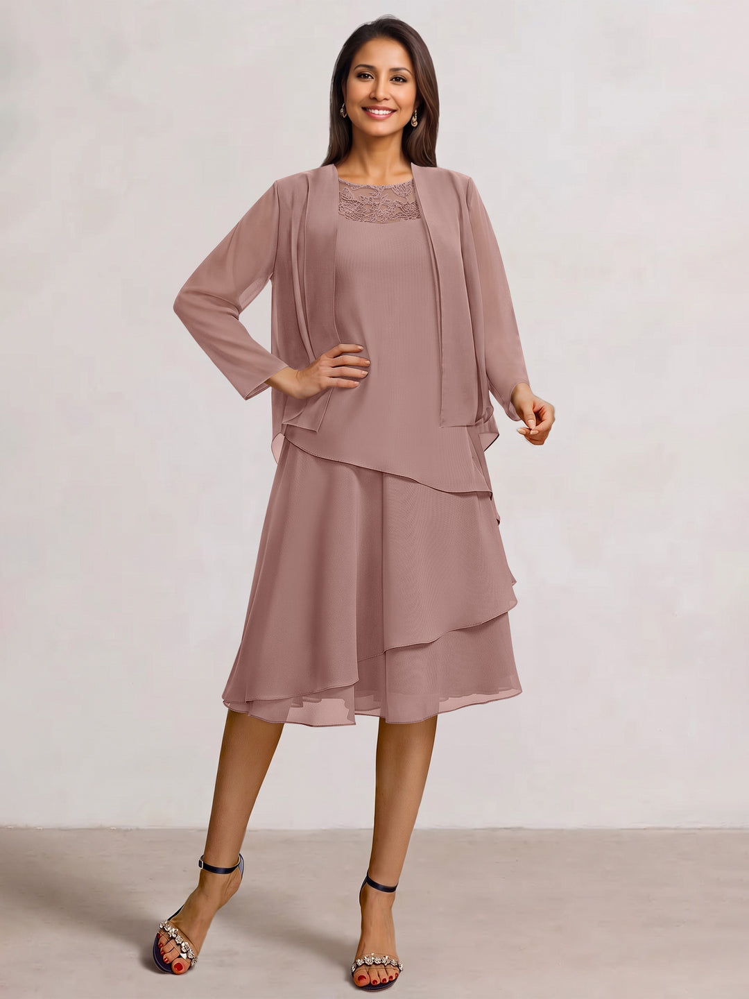 2 Pieces A-Line Scoop Chiffon Mother of the Bride Dresses Sleeveless Knee-Length with Ruffles