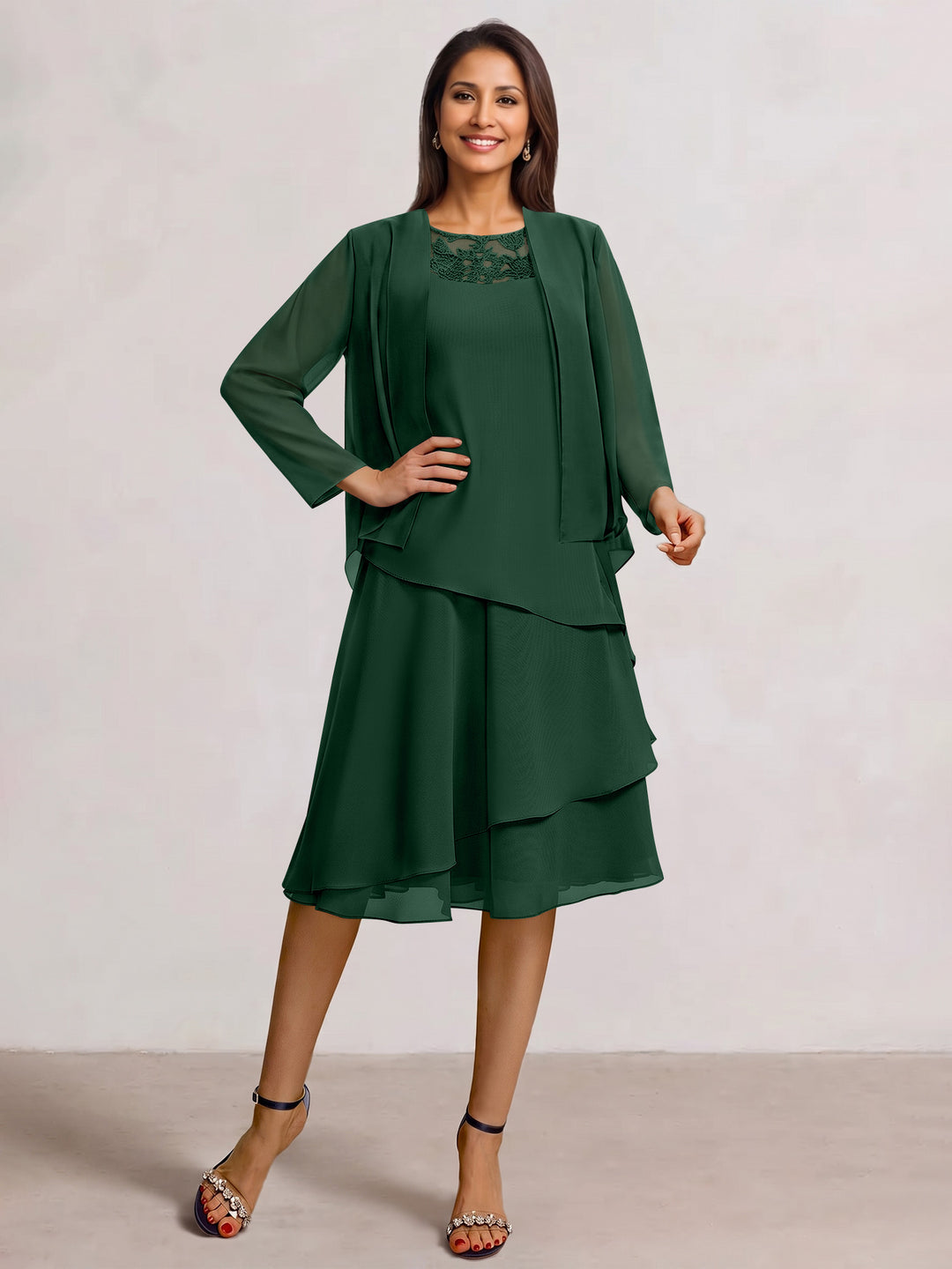 2 Pieces A-Line Scoop Chiffon Mother of the Bride Dresses Sleeveless Knee-Length with Ruffles