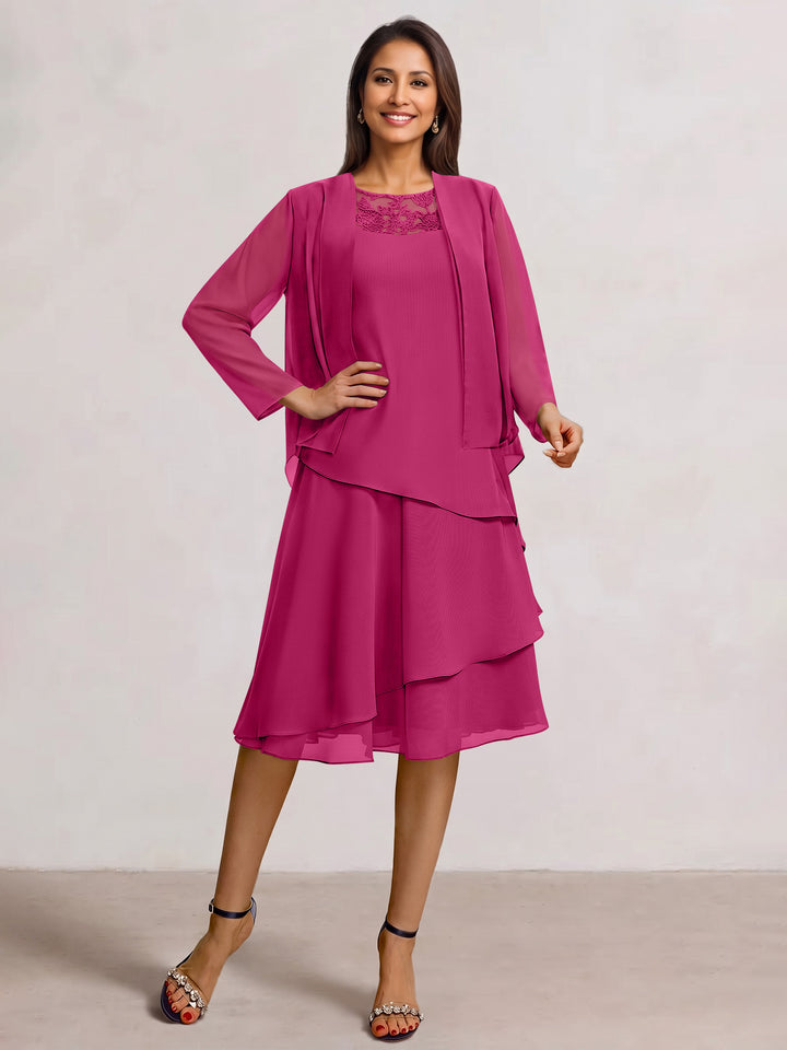 2 Pieces A-Line Scoop Chiffon Mother of the Bride Dresses Sleeveless Knee-Length with Ruffles