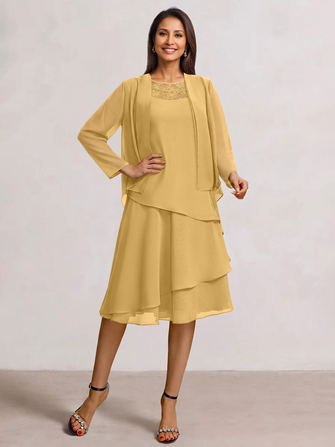 2 Pieces A-Line Scoop Chiffon Mother of the Bride Dresses Sleeveless Knee-Length with Ruffles