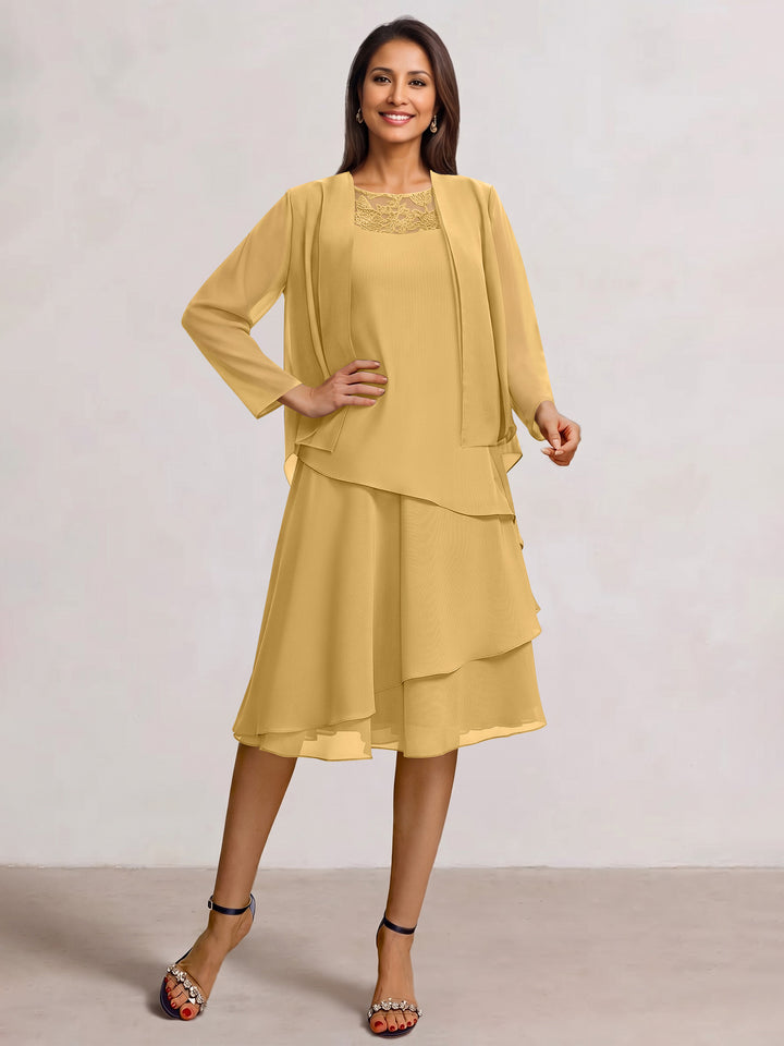 2 Pieces A-Line Scoop Chiffon Mother of the Bride Dresses Sleeveless Knee-Length with Ruffles