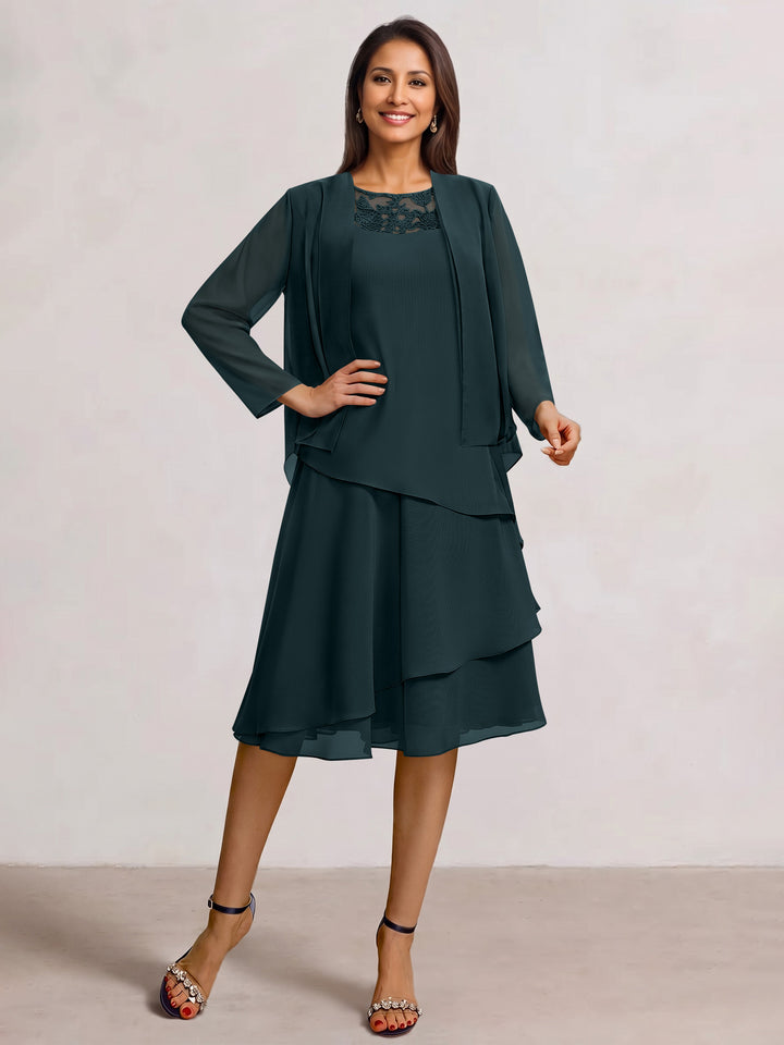 2 Pieces A-Line Scoop Chiffon Mother of the Bride Dresses Sleeveless Knee-Length with Ruffles