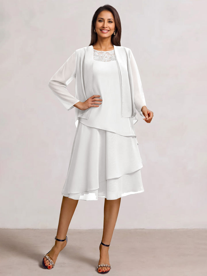 2 Pieces A-Line Scoop Chiffon Mother of the Bride Dresses Sleeveless Knee-Length with Ruffles
