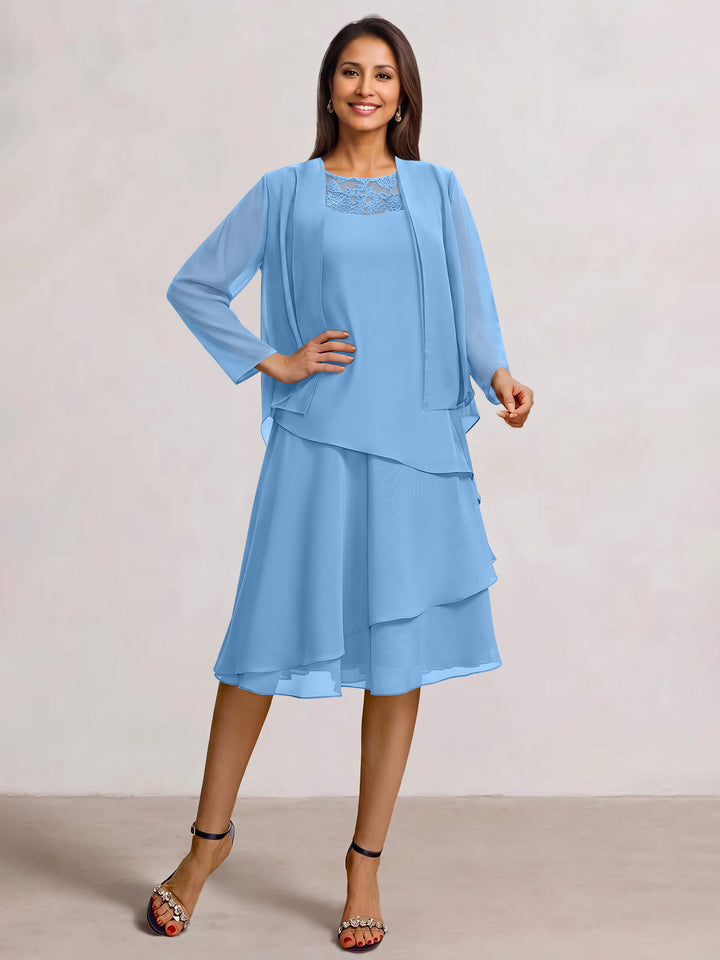 2 Pieces A-Line Scoop Chiffon Mother of the Bride Dresses Sleeveless Knee-Length with Ruffles