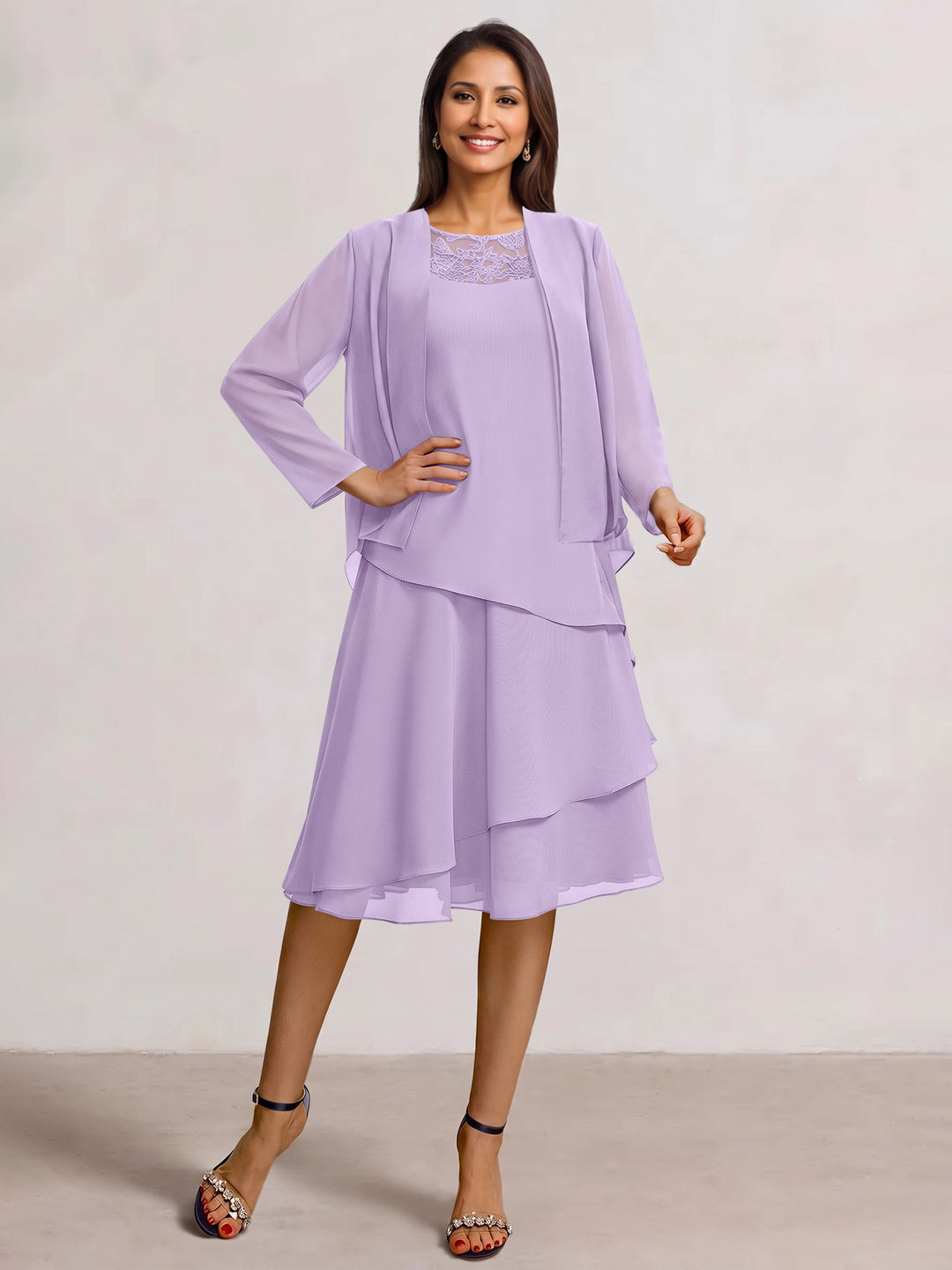 2 Pieces A-Line Scoop Chiffon Mother of the Bride Dresses Sleeveless Knee-Length with Ruffles