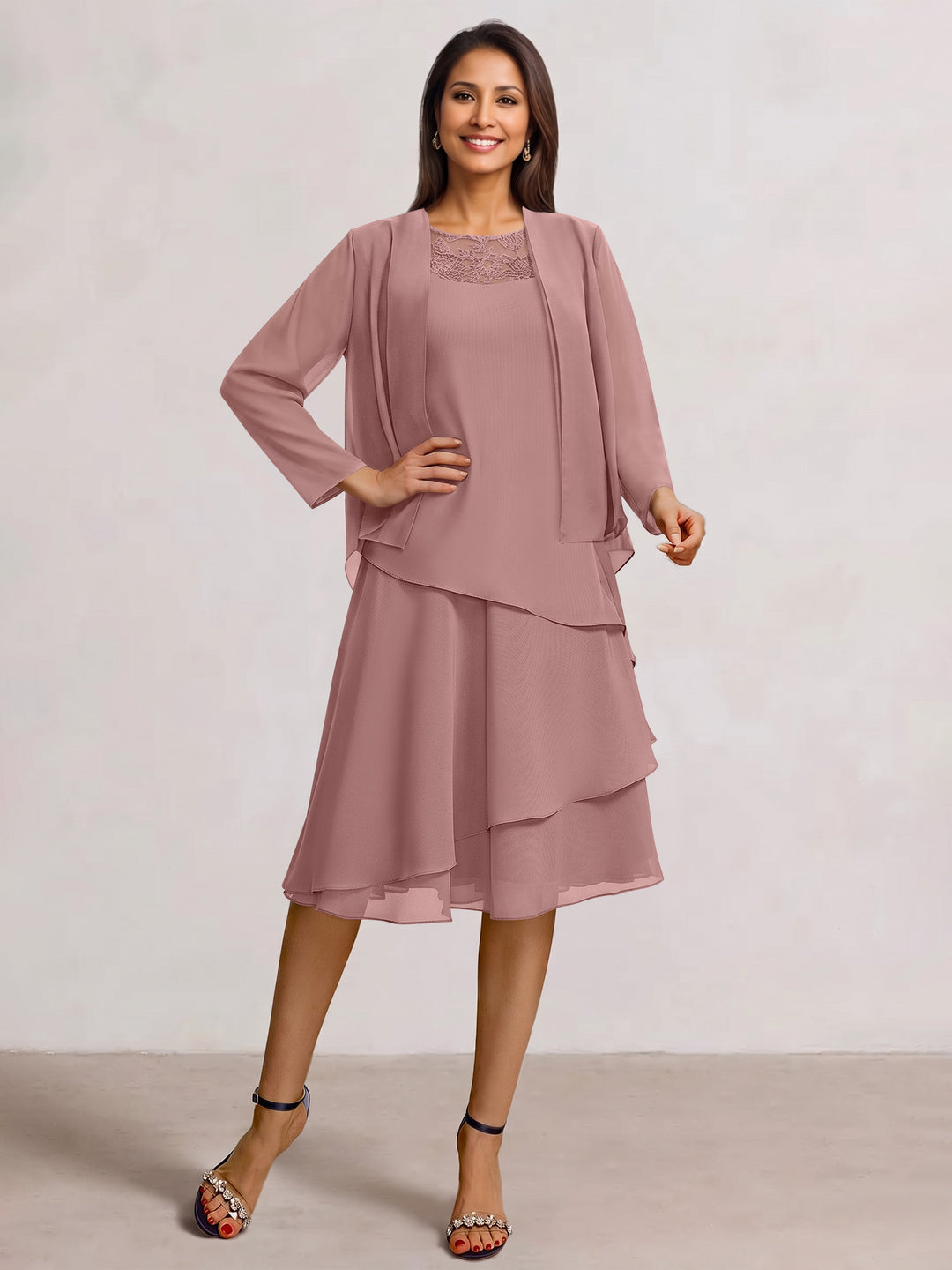2 Pieces A-Line Scoop Chiffon Mother of the Bride Dresses Sleeveless Knee-Length with Ruffles