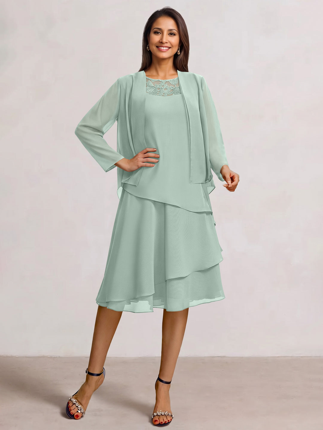 2 Pieces A-Line Scoop Chiffon Mother of the Bride Dresses Sleeveless Knee-Length with Ruffles