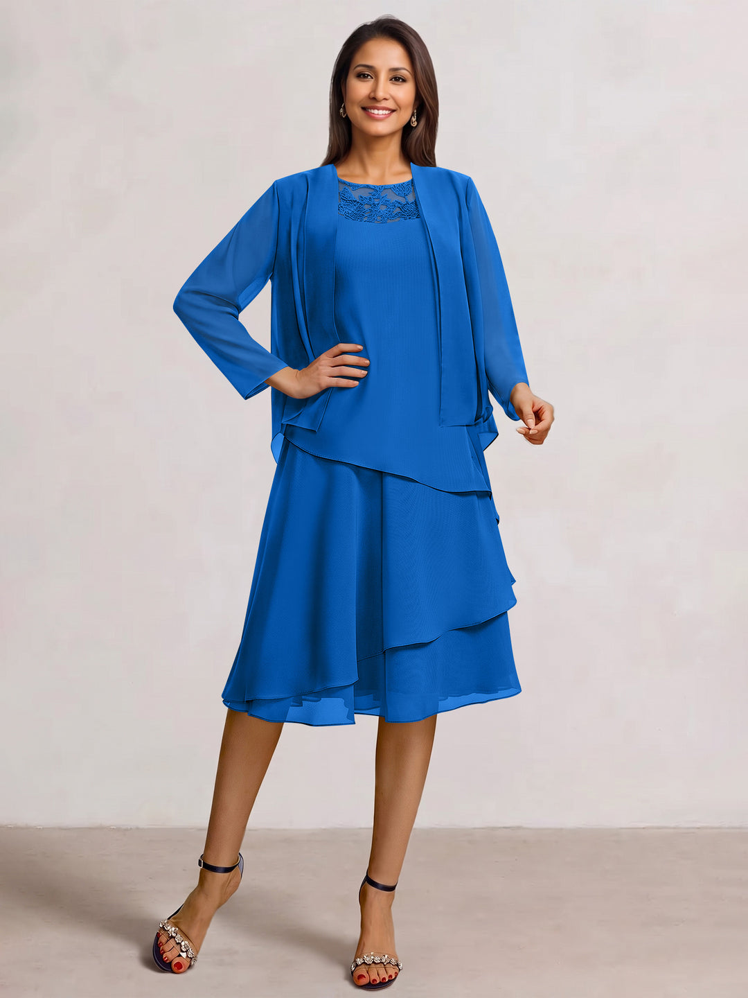 2 Pieces A-Line Scoop Chiffon Mother of the Bride Dresses Sleeveless Knee-Length with Ruffles