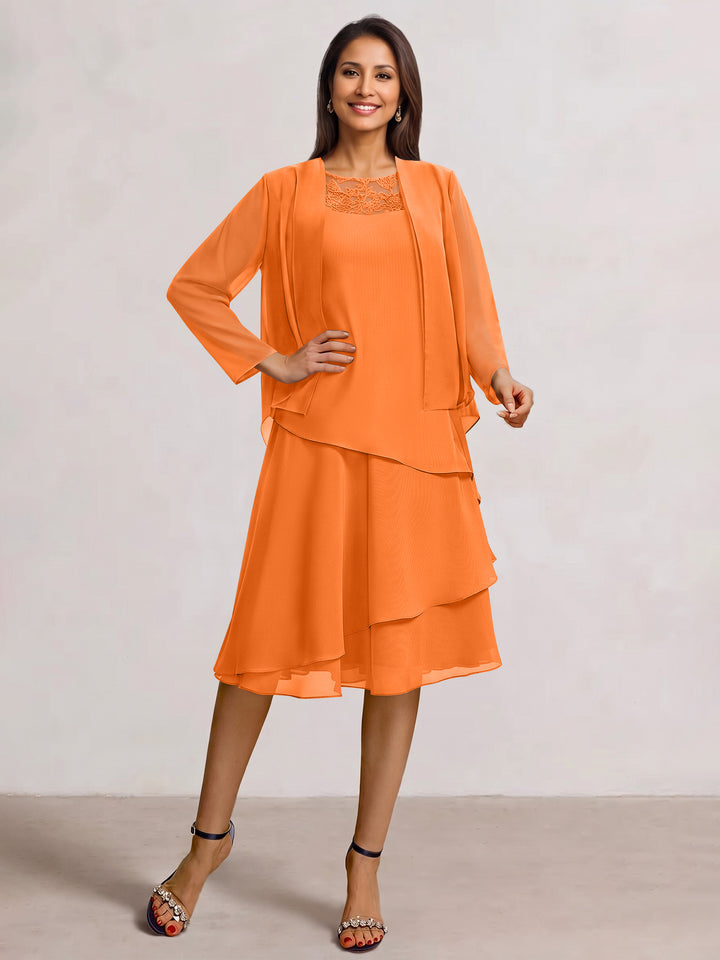 2 Pieces A-Line Scoop Chiffon Mother of the Bride Dresses Sleeveless Knee-Length with Ruffles
