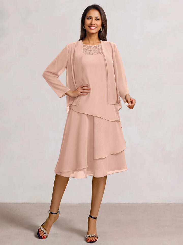 2 Pieces A-Line Scoop Chiffon Mother of the Bride Dresses Sleeveless Knee-Length with Ruffles