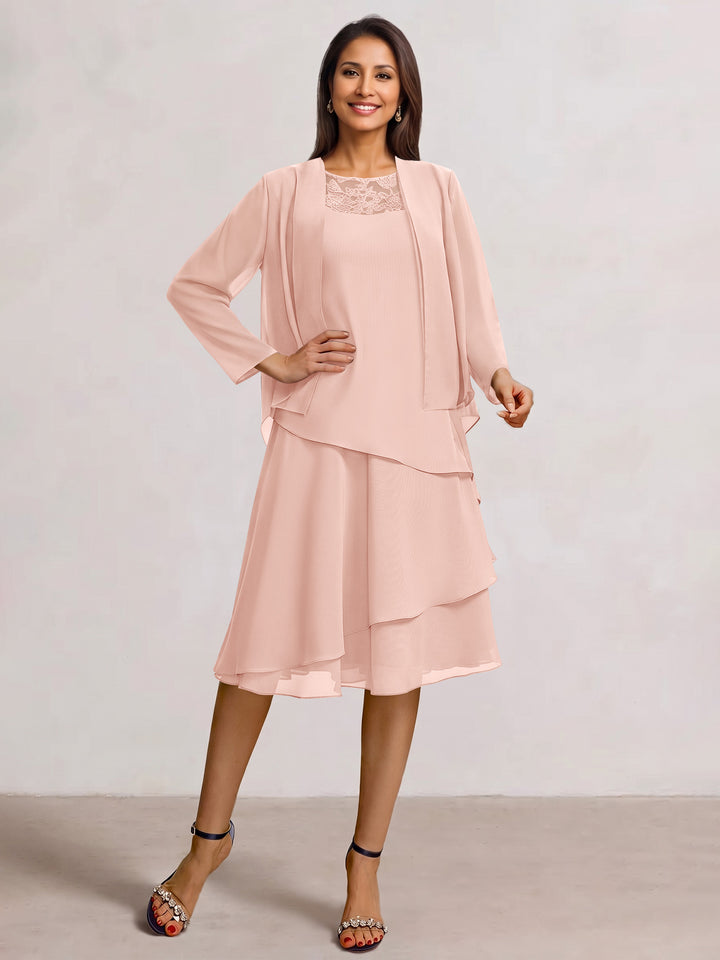 2 Pieces A-Line Scoop Chiffon Mother of the Bride Dresses Sleeveless Knee-Length with Ruffles