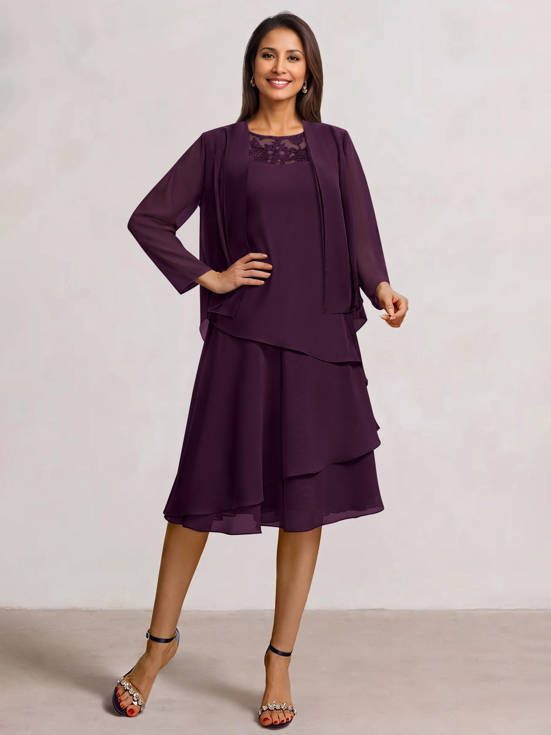 2 Pieces A-Line Scoop Chiffon Mother of the Bride Dresses Sleeveless Knee-Length with Ruffles