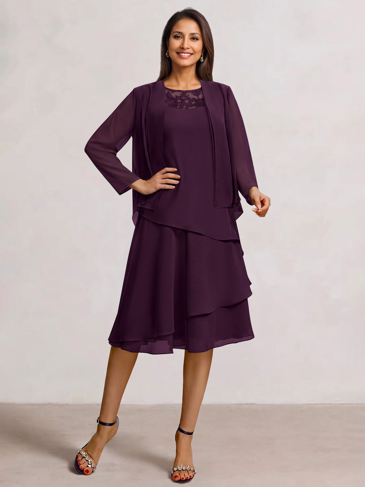 2 Pieces A-Line Scoop Chiffon Mother of the Bride Dresses Sleeveless Knee-Length with Ruffles