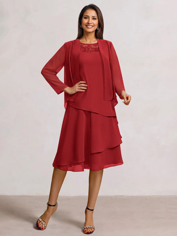 2 Pieces A-Line Scoop Chiffon Mother of the Bride Dresses Sleeveless Knee-Length with Ruffles