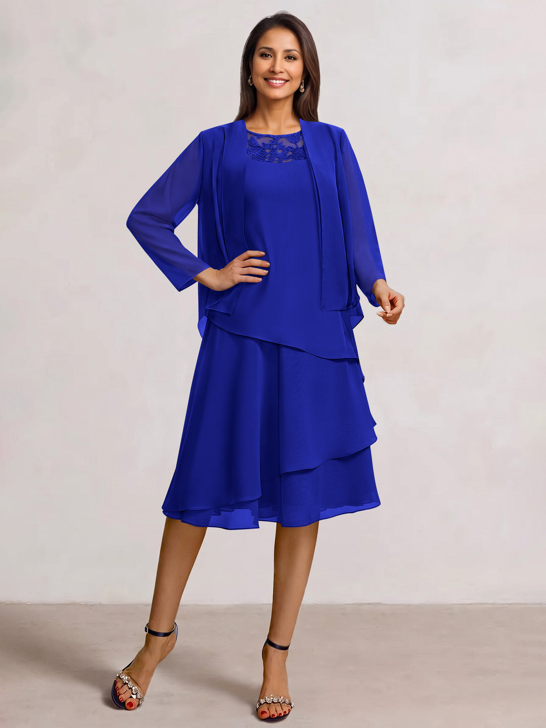 2 Pieces A-Line Scoop Chiffon Mother of the Bride Dresses Sleeveless Knee-Length with Ruffles