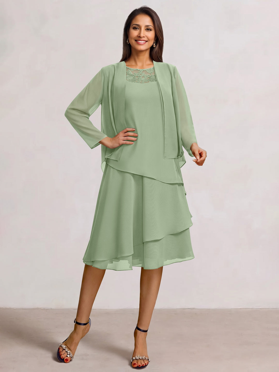 2 Pieces A-Line Scoop Chiffon Mother of the Bride Dresses Sleeveless Knee-Length with Ruffles