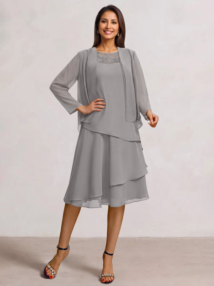 2 Pieces A-Line Scoop Chiffon Mother of the Bride Dresses Sleeveless Knee-Length with Ruffles