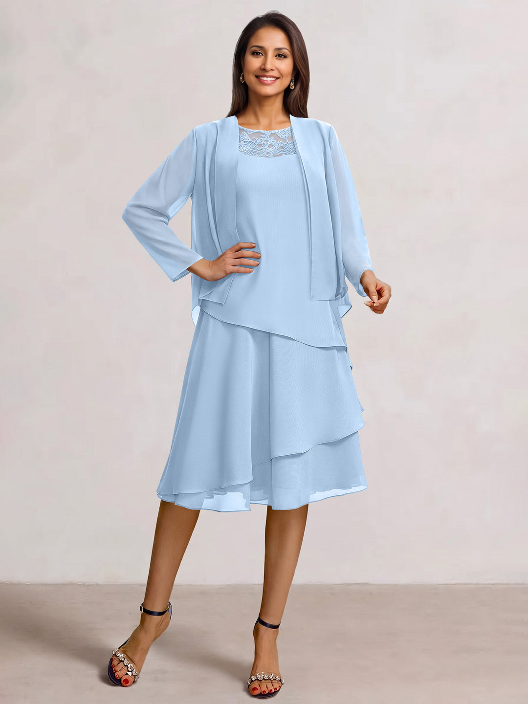 2 Pieces A-Line Scoop Chiffon Mother of the Bride Dresses Sleeveless Knee-Length with Ruffles