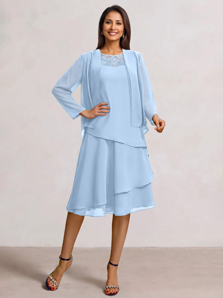 2 Pieces A-Line Scoop Chiffon Mother of the Bride Dresses Sleeveless Knee-Length with Ruffles