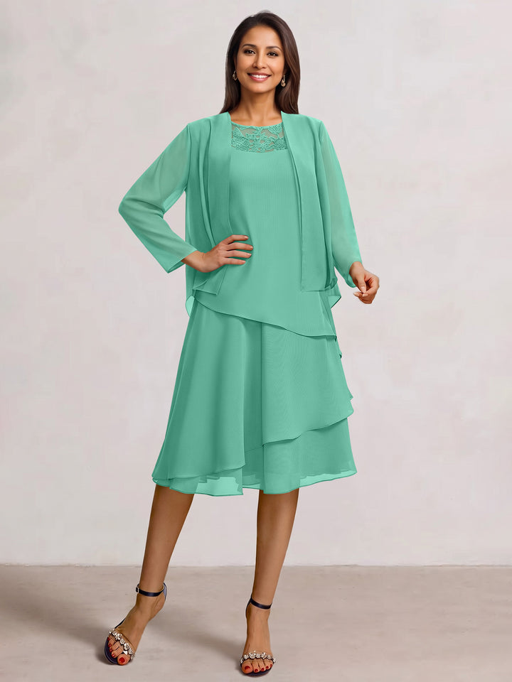 2 Pieces A-Line Scoop Chiffon Mother of the Bride Dresses Sleeveless Knee-Length with Ruffles