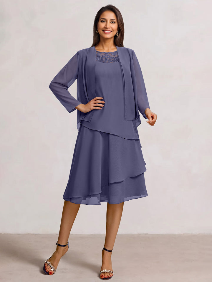 2 Pieces A-Line Scoop Chiffon Mother of the Bride Dresses Sleeveless Knee-Length with Ruffles