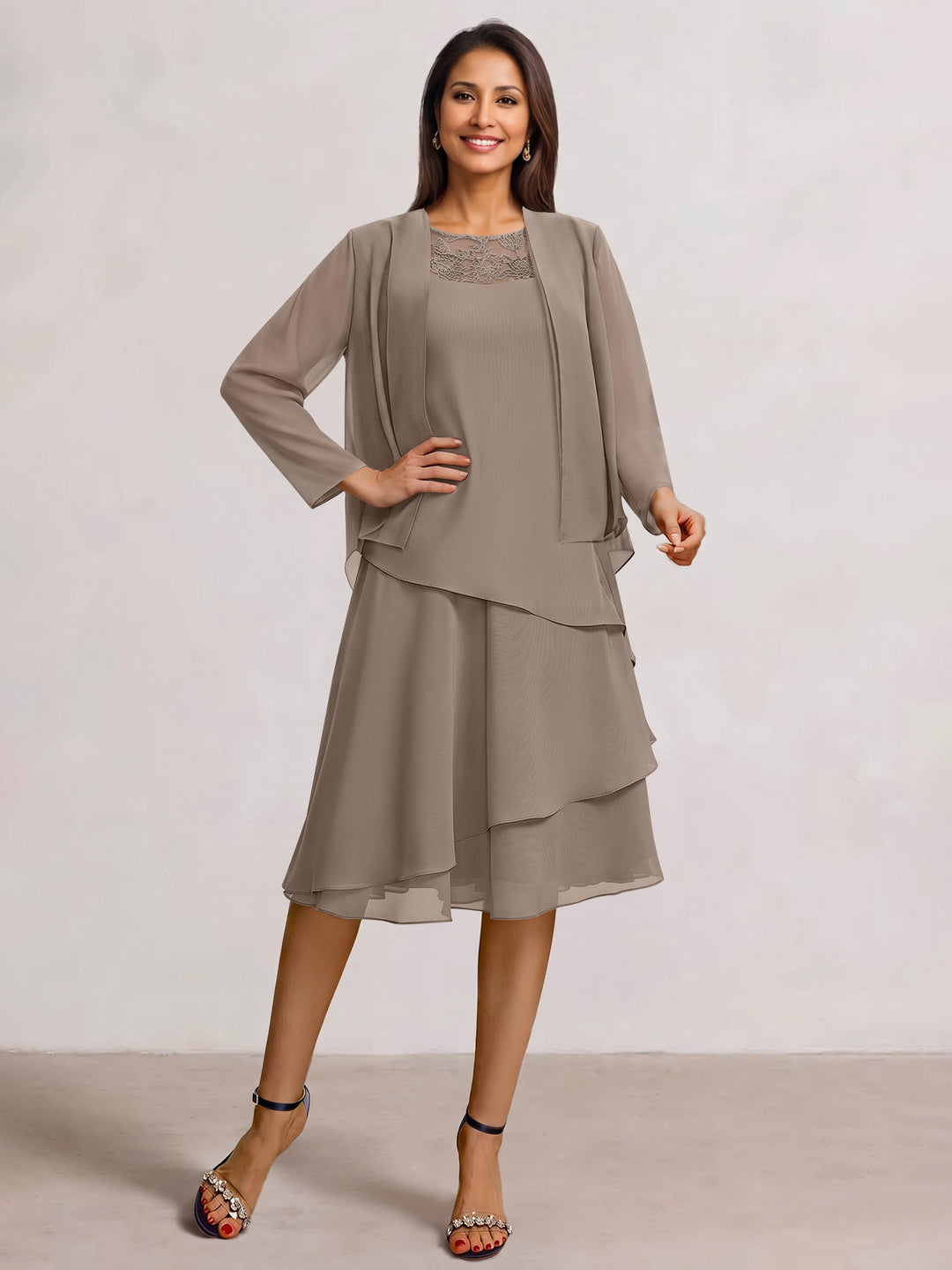 2 Pieces A-Line Scoop Chiffon Mother of the Bride Dresses Sleeveless Knee-Length with Ruffles
