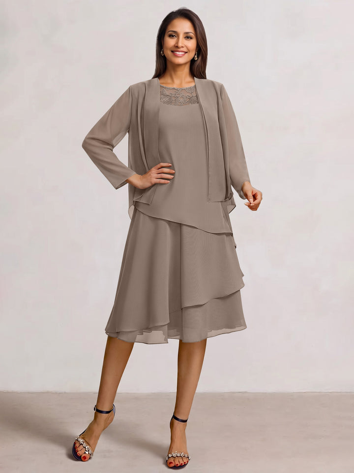 2 Pieces A-Line Scoop Chiffon Mother of the Bride Dresses Sleeveless Knee-Length with Ruffles