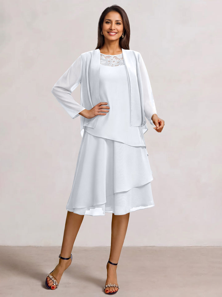 2 Pieces A-Line Scoop Chiffon Mother of the Bride Dresses Sleeveless Knee-Length with Ruffles