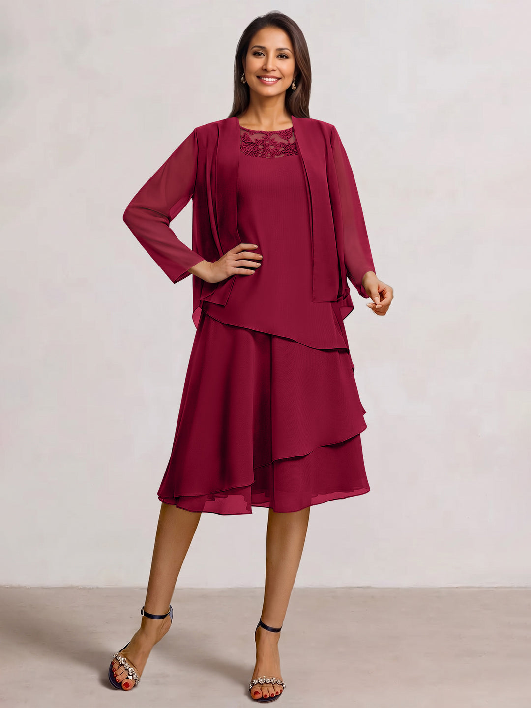 2 Pieces A-Line Scoop Chiffon Mother of the Bride Dresses Sleeveless Knee-Length with Ruffles