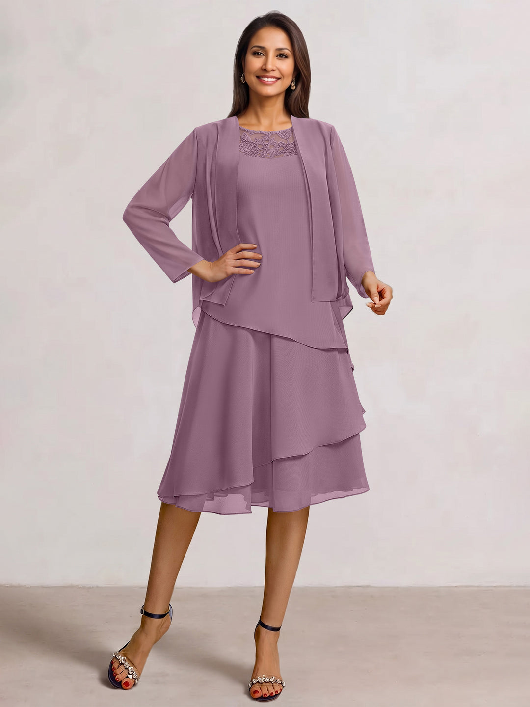 2 Pieces A-Line Scoop Chiffon Mother of the Bride Dresses Sleeveless Knee-Length with Ruffles
