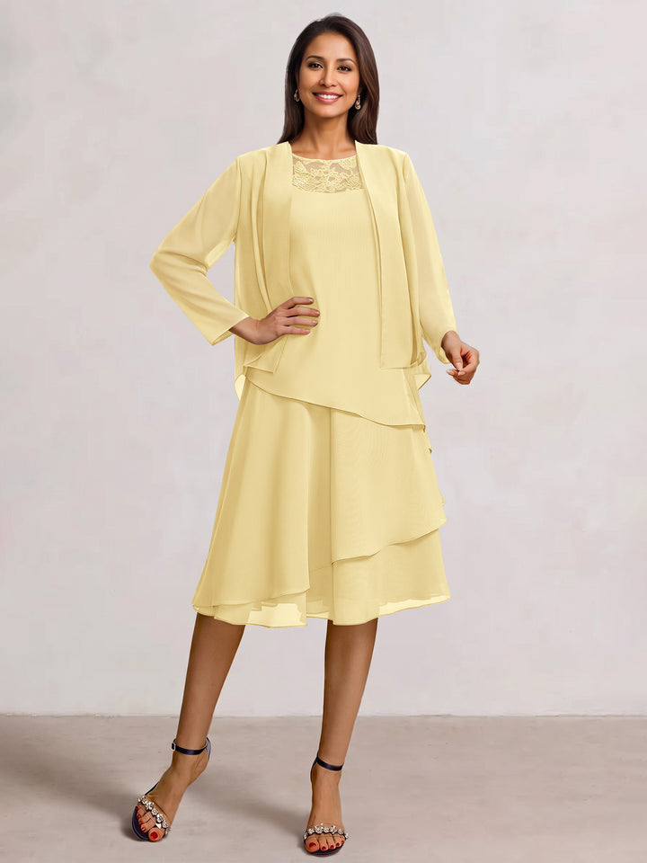 2 Pieces A-Line Scoop Chiffon Mother of the Bride Dresses Sleeveless Knee-Length with Ruffles