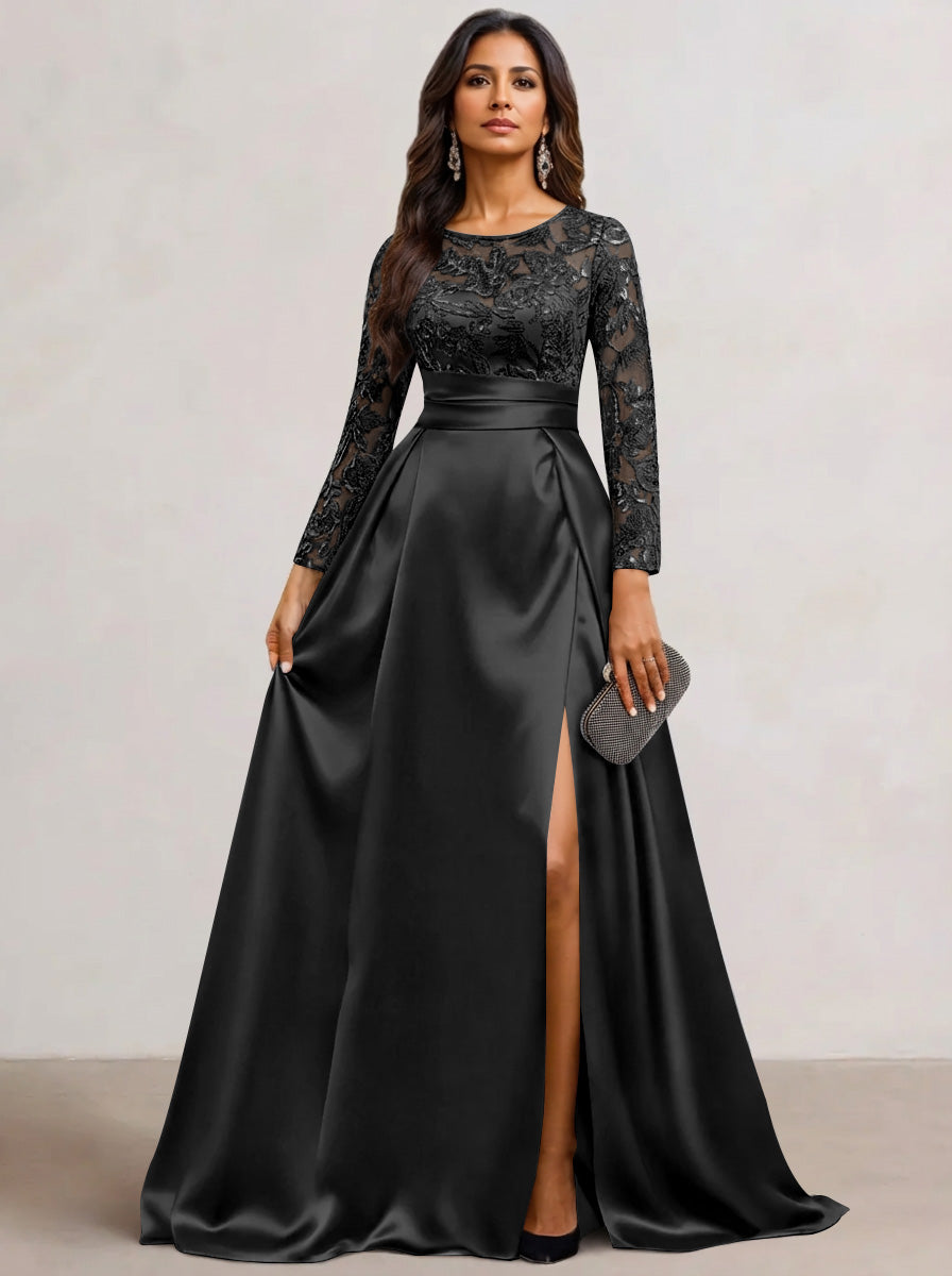 A-Line Scoop Satin Sequin Mother of the Bride Dresses Long Sleeves Flo